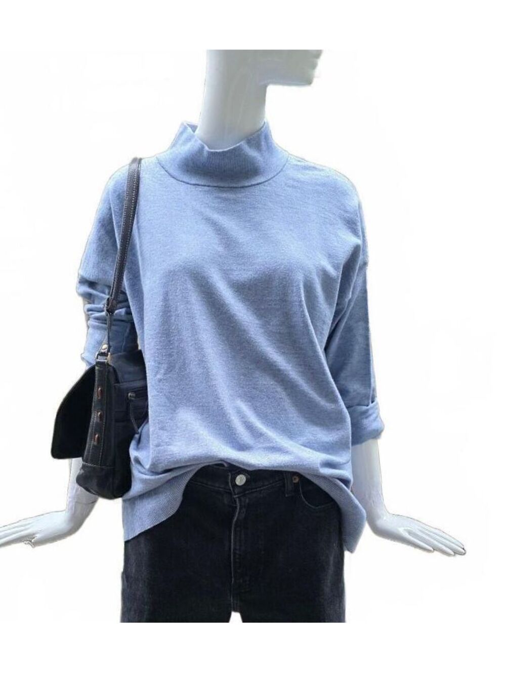 Isaac Mizrahi Large Blue Mock Neck Sweater Viscose Blend Knit Pullover Cozy L